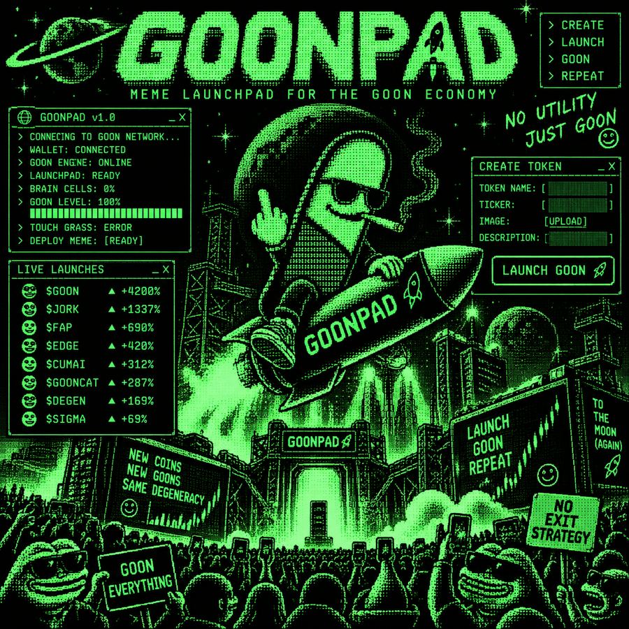 GOONPAD poster: a hooded figure in sunglasses rides a GOONPAD rocket over a green terminal city while a crowd holds signs reading GOON EVERYTHING and NO EXIT STRATEGY